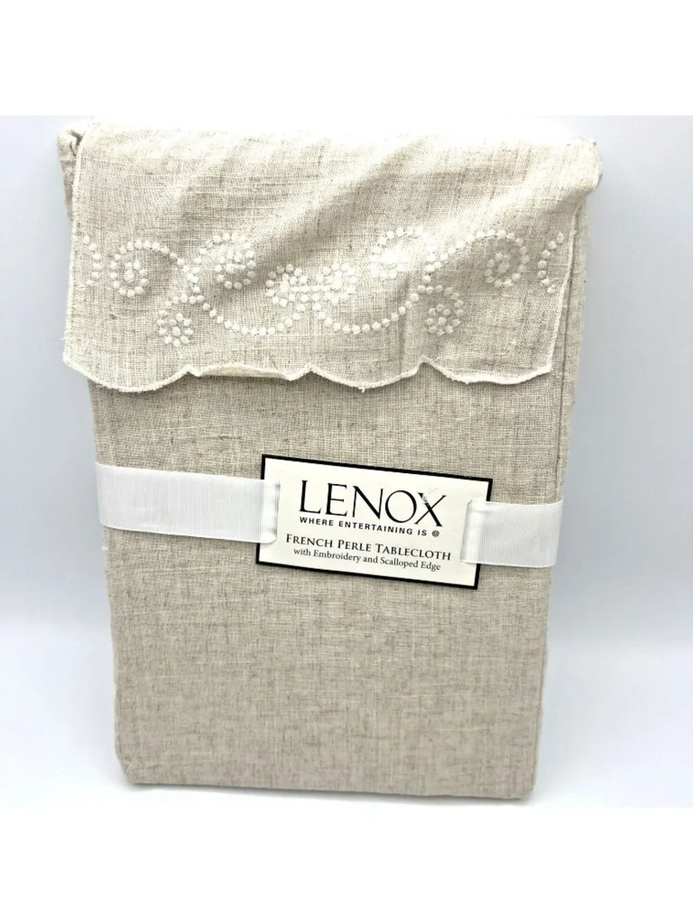 Lenox French Perle Tablecloth Decorative Trim 52x70 Beige Linen Storage Bag